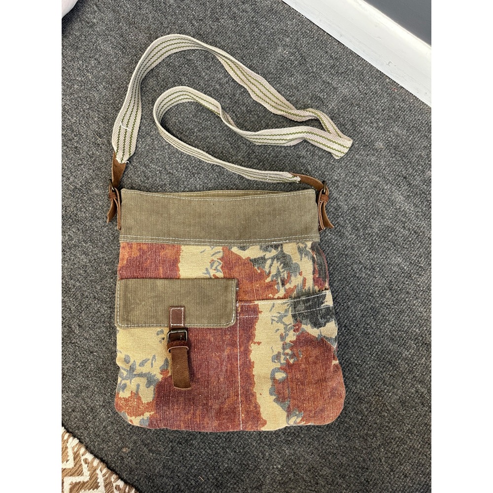 Boho Canvas Crossbody Bag Tapestry Print Earth Tone Messenger Shoulder Bag